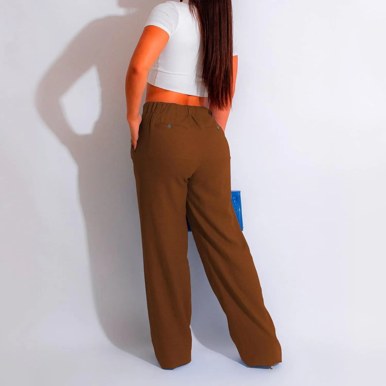 YOLAI Women Casual Solid Color Pants Summer Breathable Straight Leg Pants Flowy Business Work Trousers with Pockets