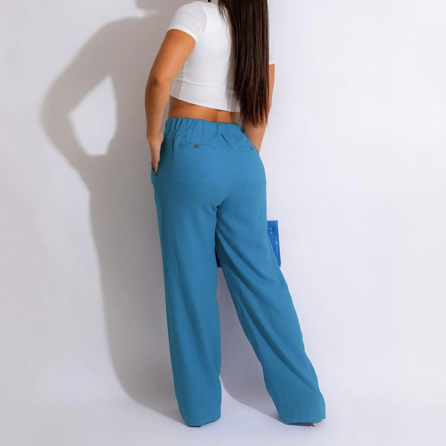 YOLAI Women Casual Solid Color Pants Summer Breathable Straight Leg Pants Flowy Business Work Trousers with Pockets