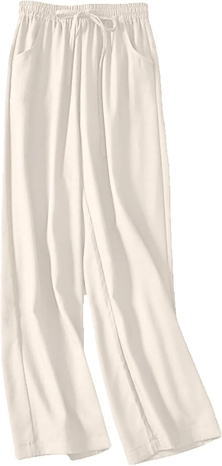 YOLAI Womens Cotton Linen Pant Elastic Waist Wide Leg Trousers Drawstring Solid Color Pants Breathable Lightweight Pants (Beige, XL)