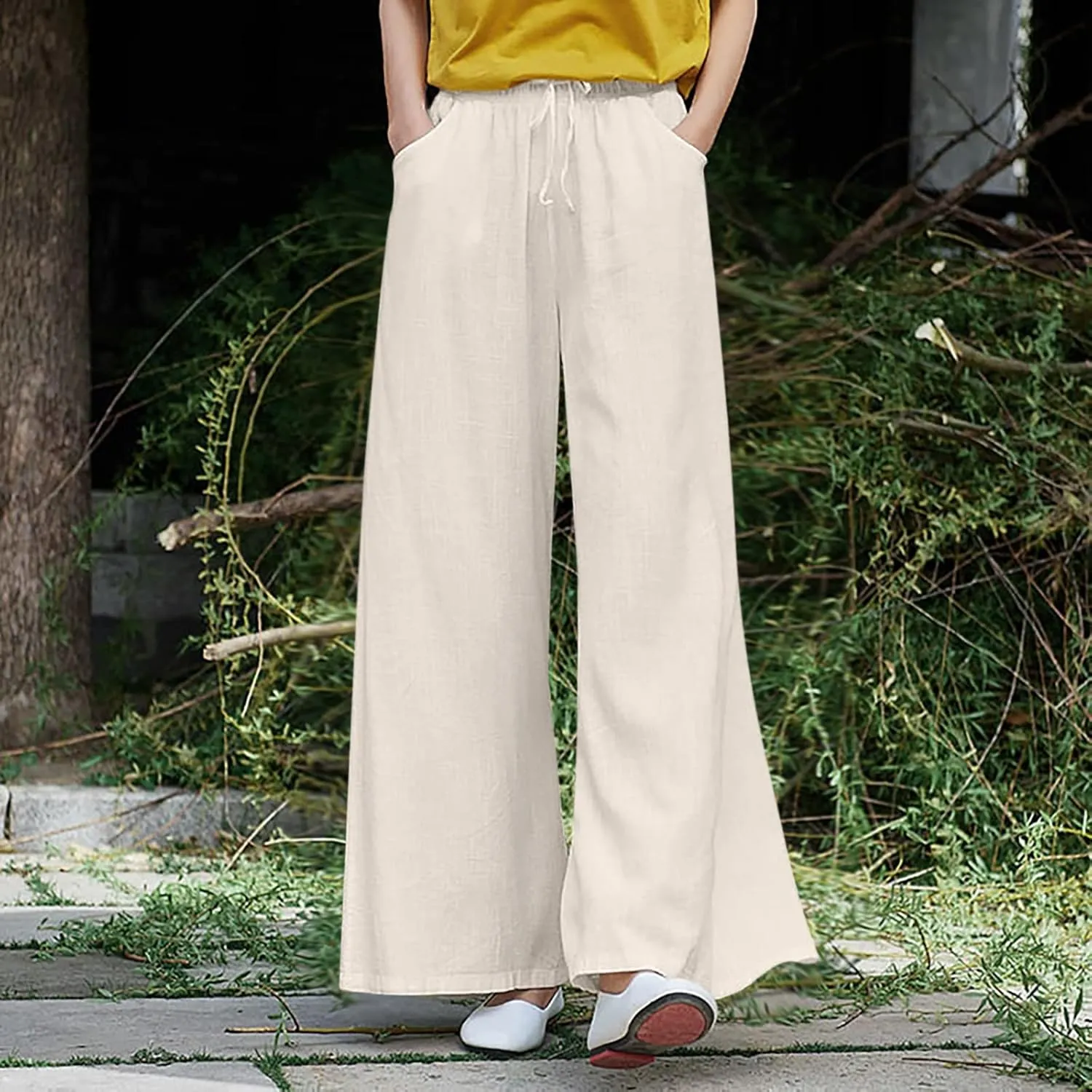 YOLAI Womens Cotton Linen Pant Elastic Waist Wide Leg Trousers Drawstring Solid Color Pants Breathable Lightweight Pants (Beige, XL)