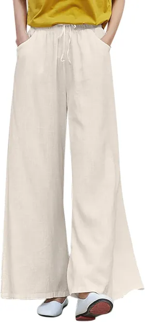 YOLAI Womens Cotton Linen Pant Elastic Waist Wide Leg Trousers Drawstring Solid Color Pants Breathable Lightweight Pants (Beige, XL)