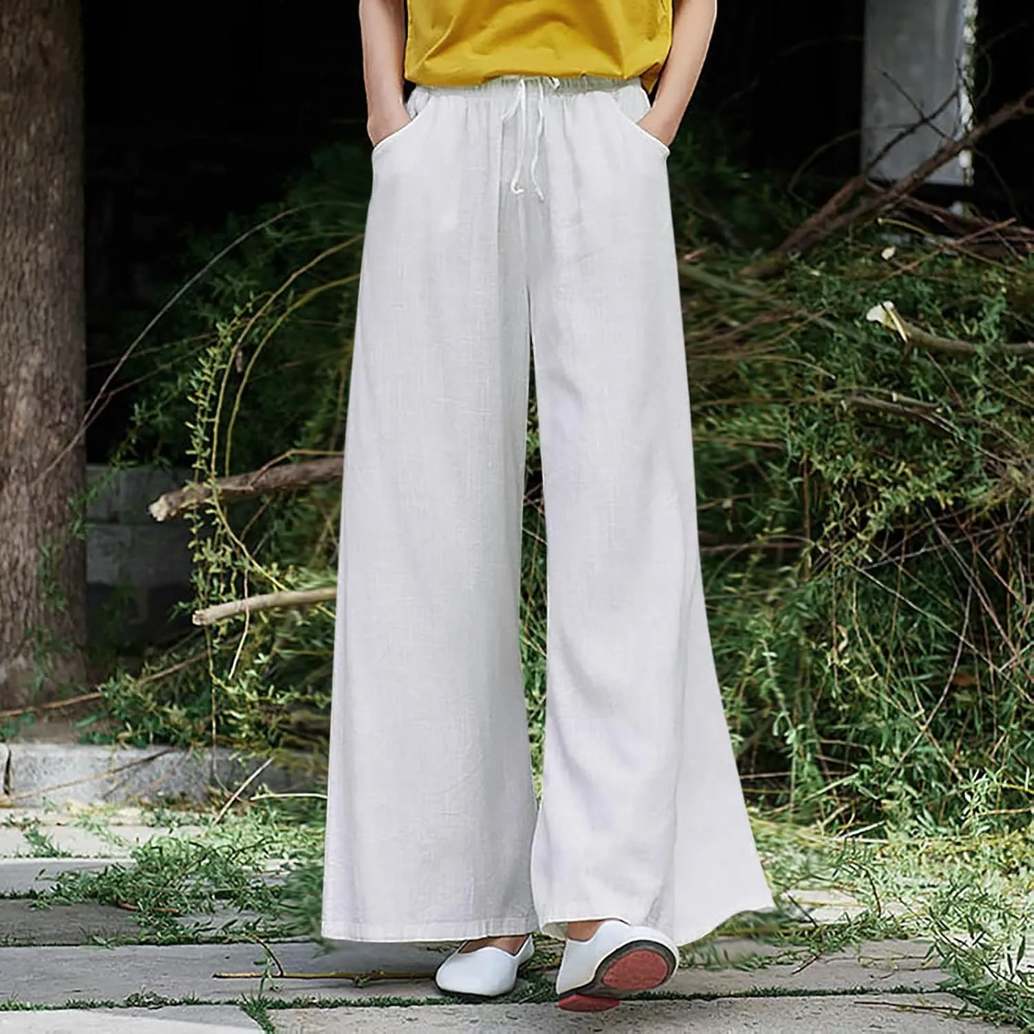 YOLAI Womens Cotton Linen Pant Elastic Waist Wide Leg Trousers Drawstring Solid Color Pants Breathable Lightweight Pants (White, XL)