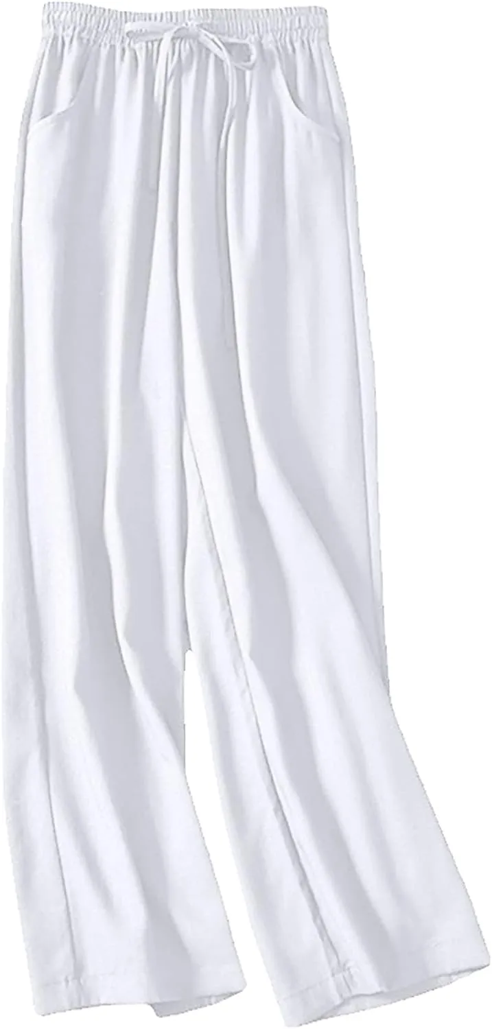 YOLAI Womens Cotton Linen Pant Elastic Waist Wide Leg Trousers Drawstring Solid Color Pants Breathable Lightweight Pants (White, XL)