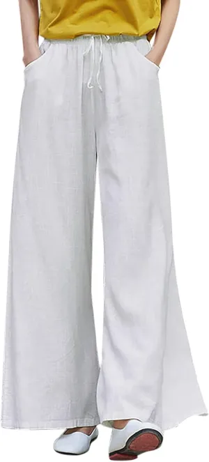 YOLAI Womens Cotton Linen Pant Elastic Waist Wide Leg Trousers Drawstring Solid Color Pants Breathable Lightweight Pants (White, XL)