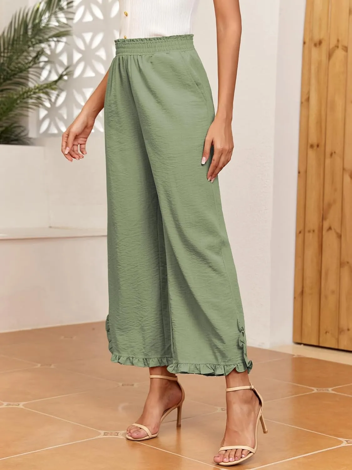 ZAFUL Womens Wide Leg Pants Casual High Waisted Ruffle Pants Summer Boho Beach Pockets Trousers