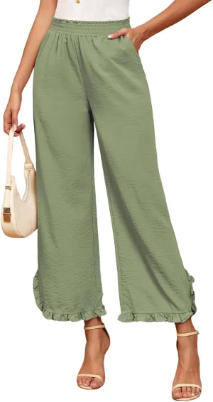 ZAFUL Womens Wide Leg Pants Casual High Waisted Ruffle Pants Summer Boho Beach Pockets Trousers
