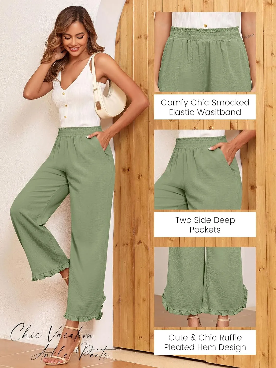 ZAFUL Womens Wide Leg Pants Casual High Waisted Ruffle Pants Summer Boho Beach Pockets Trousers