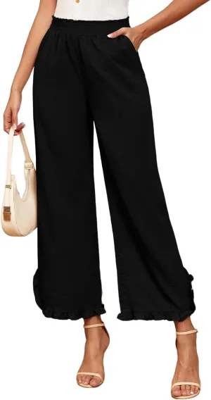 ZAFUL Womens Wide Leg Pants Casual High Waisted Ruffle Pants Summer Boho Beach Pockets Trousers