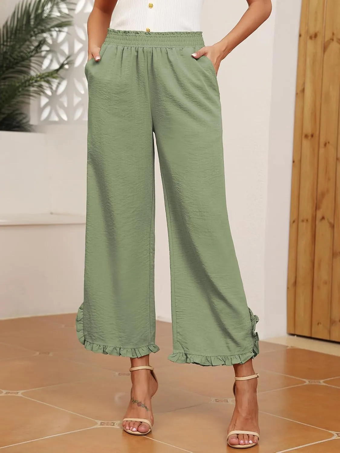 ZAFUL Womens Wide Leg Pants Casual High Waisted Ruffle Pants Summer Boho Beach Pockets Trousers