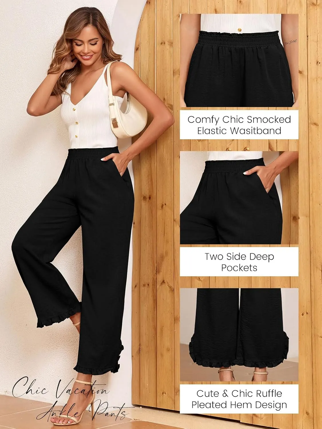 ZAFUL Womens Wide Leg Pants Casual High Waisted Ruffle Pants Summer Boho Beach Pockets Trousers