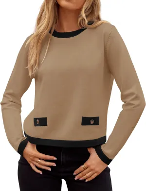 ZESICA Women's Fall Sweaters 2025 Long Sleeve Crewneck Knit Color Block Lightweight Pullover Tops Clothes