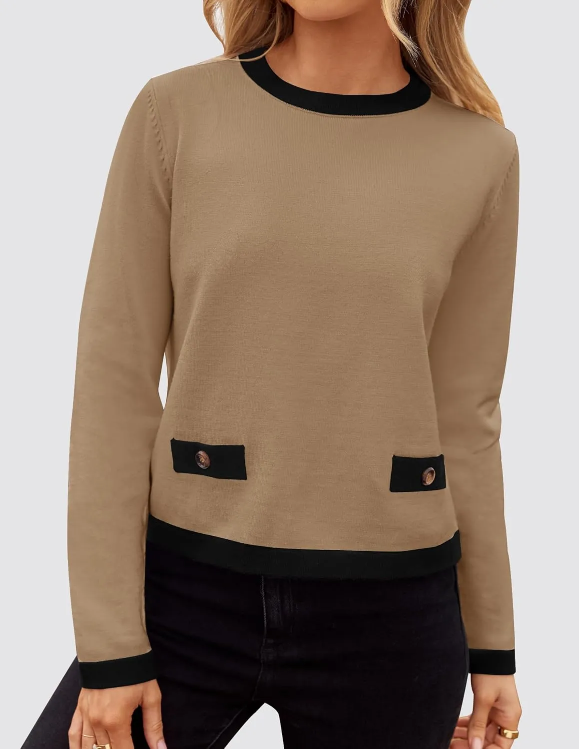 ZESICA Women's Fall Sweaters 2025 Long Sleeve Crewneck Knit Color Block Lightweight Pullover Tops Clothes