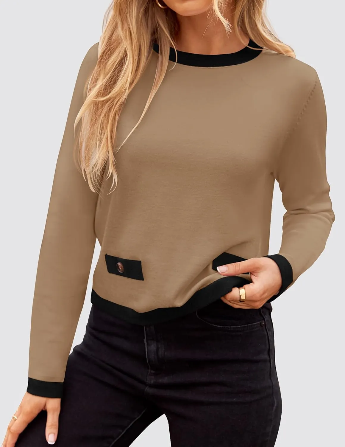 ZESICA Women's Fall Sweaters 2025 Long Sleeve Crewneck Knit Color Block Lightweight Pullover Tops Clothes