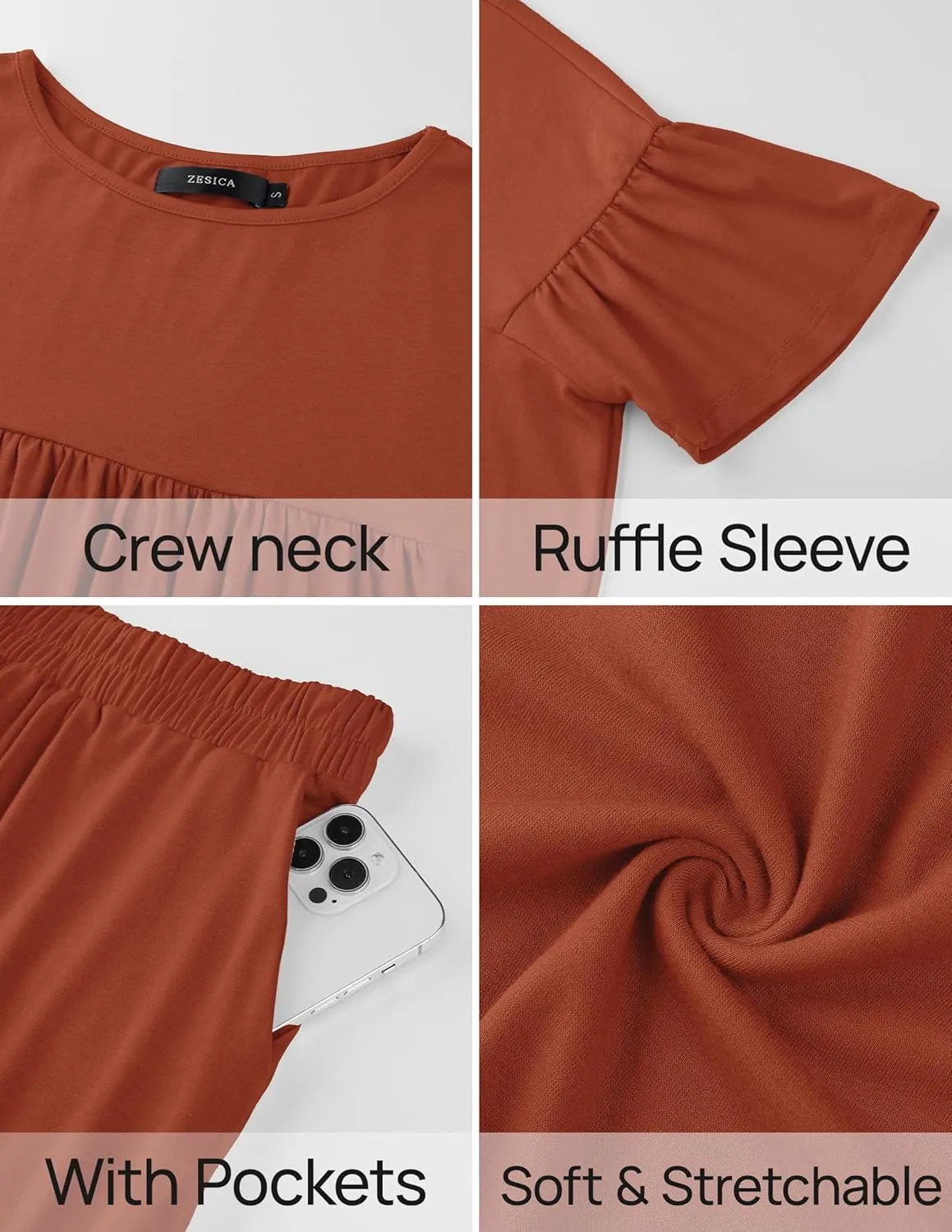 ZESICA Women's Summer 2 Piece Outfits 2025 Ruffle Short Sleeve Tops and Shorts Casual Loose Oversized T-Shirts Lounge Sets