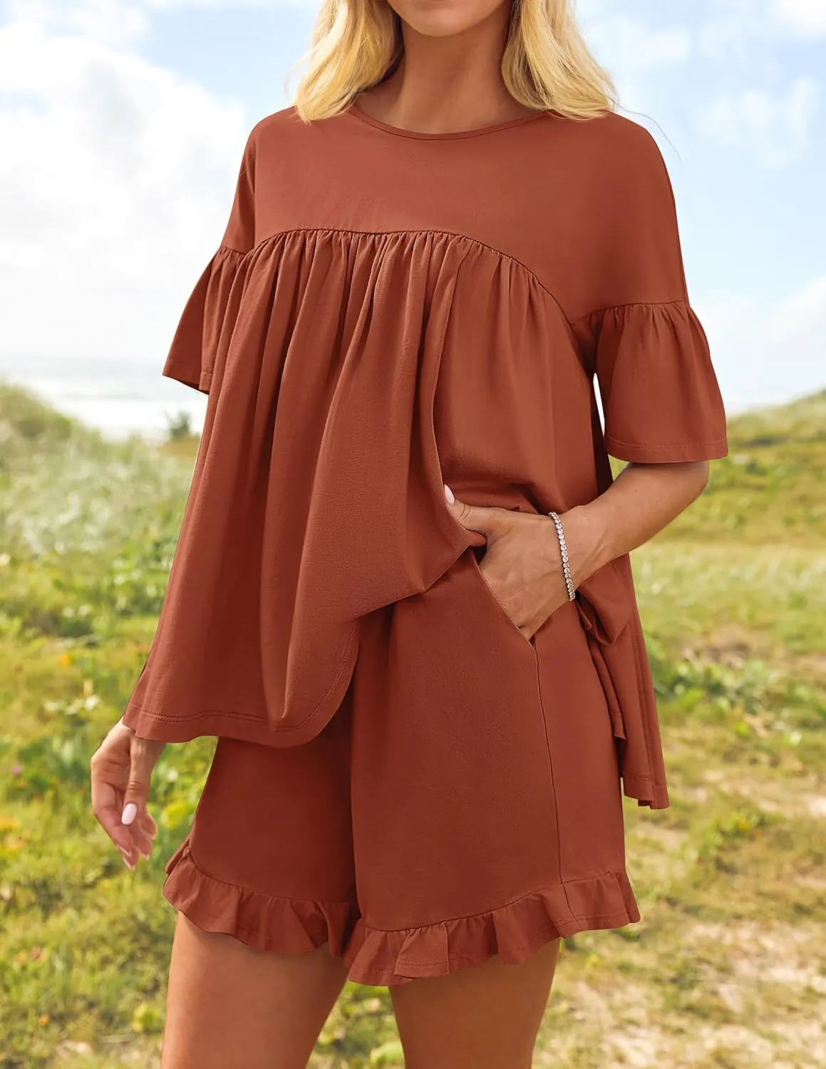 ZESICA Women's Summer 2 Piece Outfits 2025 Ruffle Short Sleeve Tops and Shorts Casual Loose Oversized T-Shirts Lounge Sets