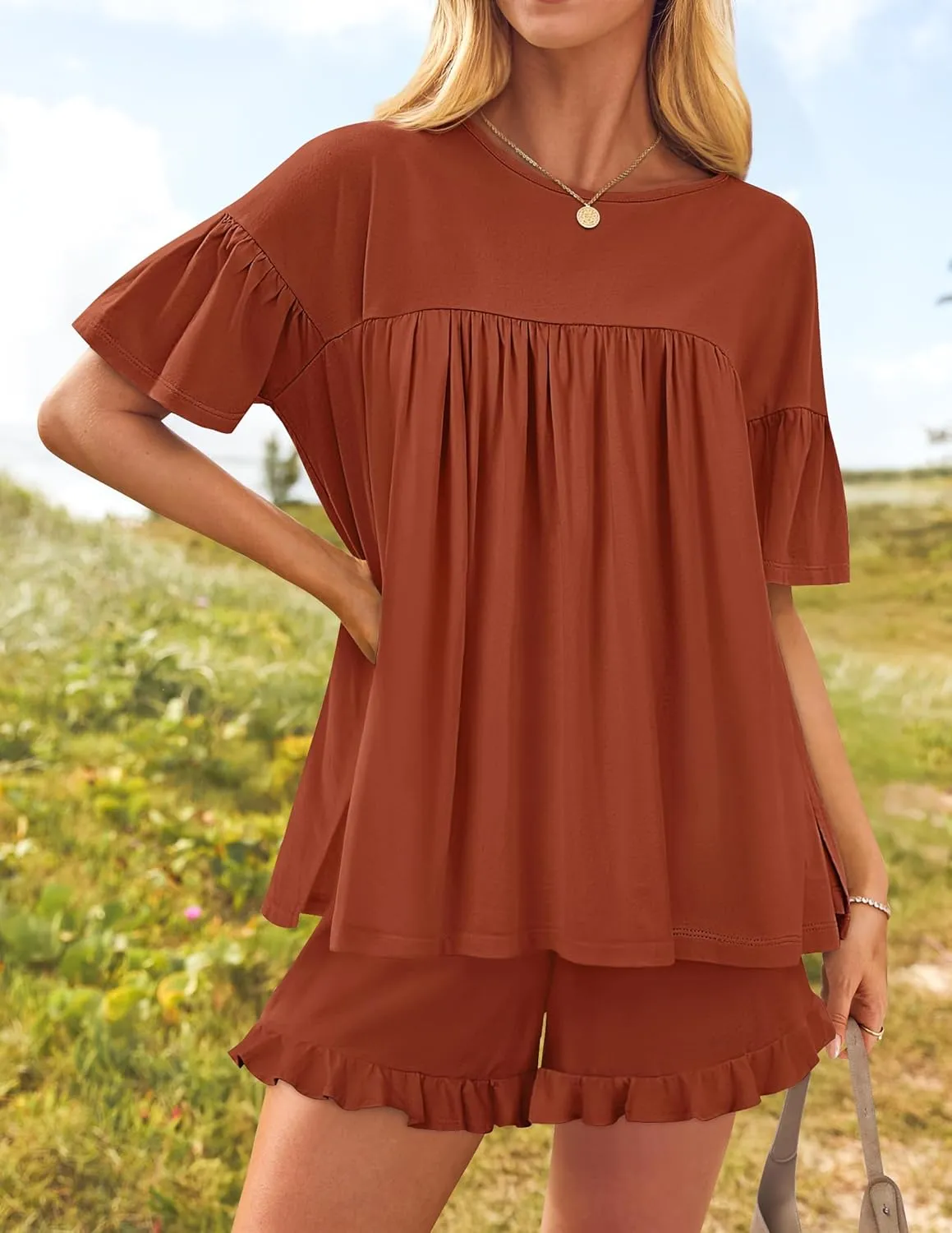 ZESICA Women's Summer 2 Piece Outfits 2025 Ruffle Short Sleeve Tops and Shorts Casual Loose Oversized T-Shirts Lounge Sets