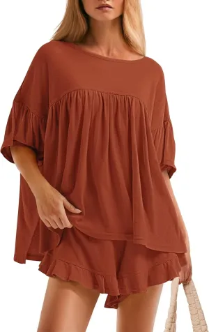 ZESICA Women's Summer 2 Piece Outfits 2025 Ruffle Short Sleeve Tops and Shorts Casual Loose Oversized T-Shirts Lounge Sets