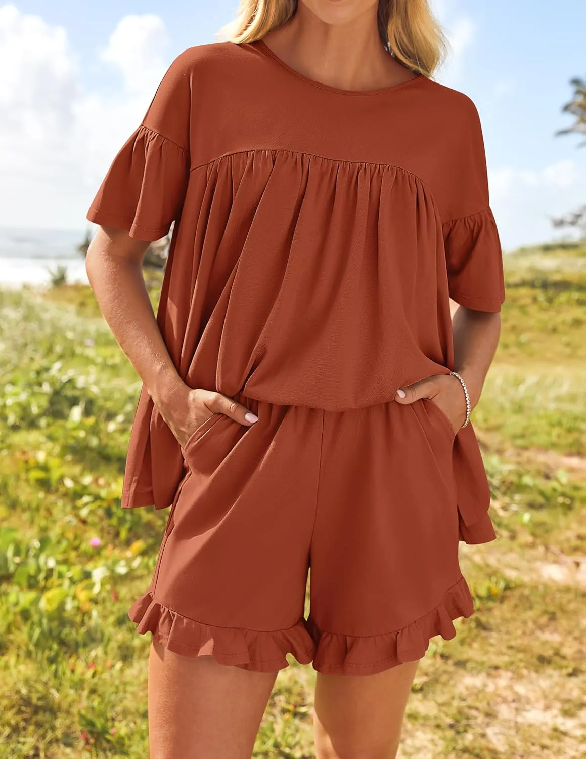 ZESICA Women's Summer 2 Piece Outfits 2025 Ruffle Short Sleeve Tops and Shorts Casual Loose Oversized T-Shirts Lounge Sets