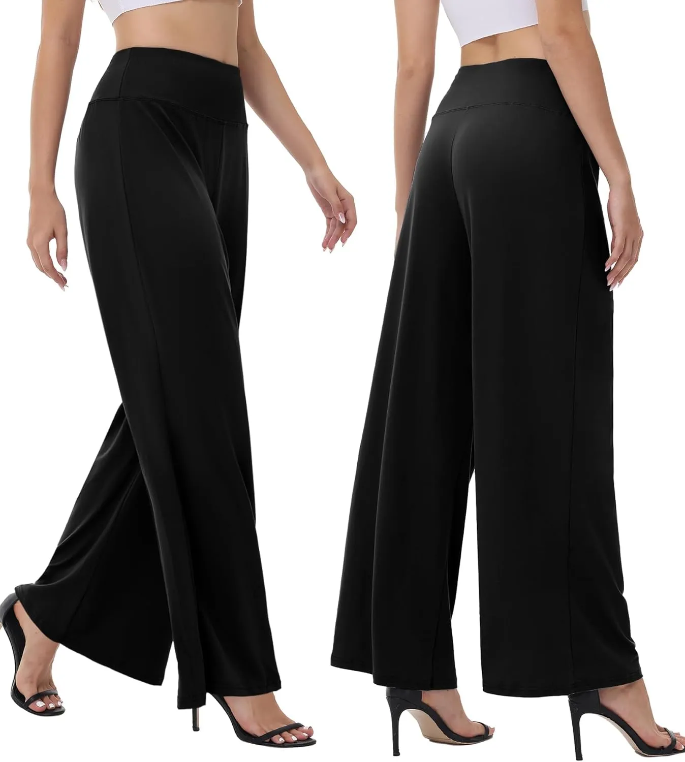 ZOOSIXX Wide Leg Palazzo Pants for Women - High Waist Casual Beach Lounge Pants Loose Dress Pants Stretchy Trousers