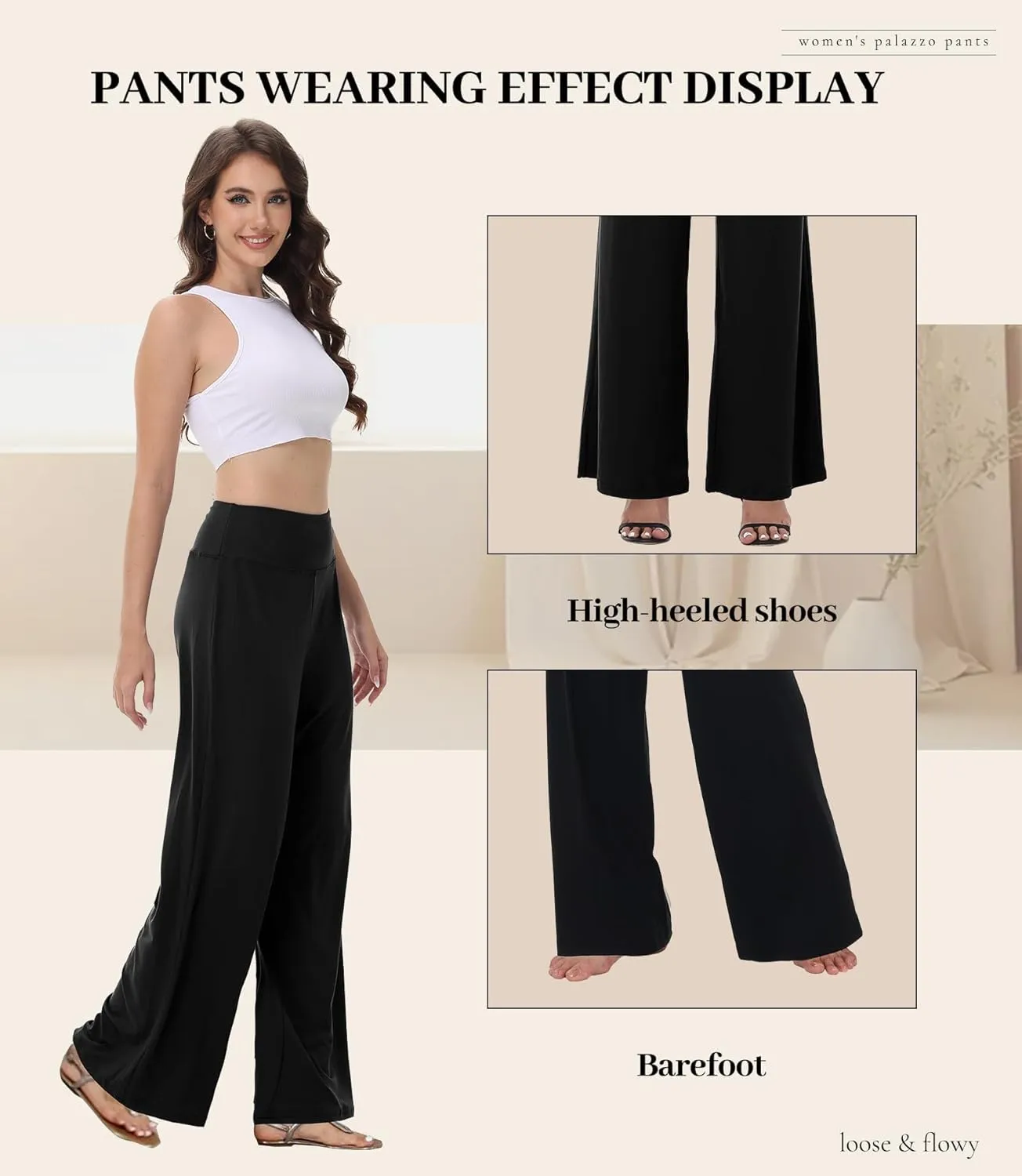 ZOOSIXX Wide Leg Palazzo Pants for Women - High Waist Casual Beach Lounge Pants Loose Dress Pants Stretchy Trousers